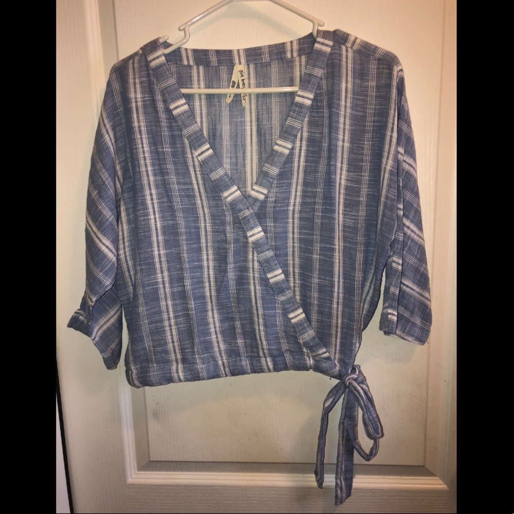 Faux Wrap MidSleeve Crop Top With Ties